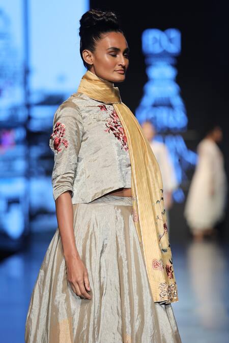 Prama By Pratima Pandey_Gold Tissue Chanderi Embroidered Round Floral Lehenga Set  _Online_at_Aza_Fashions