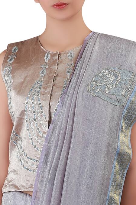 Buy_LATHA PUTTANNA_Grey Net, Tissue Round Embroidered Saree With Blouse _Online_at_Aza_Fashions