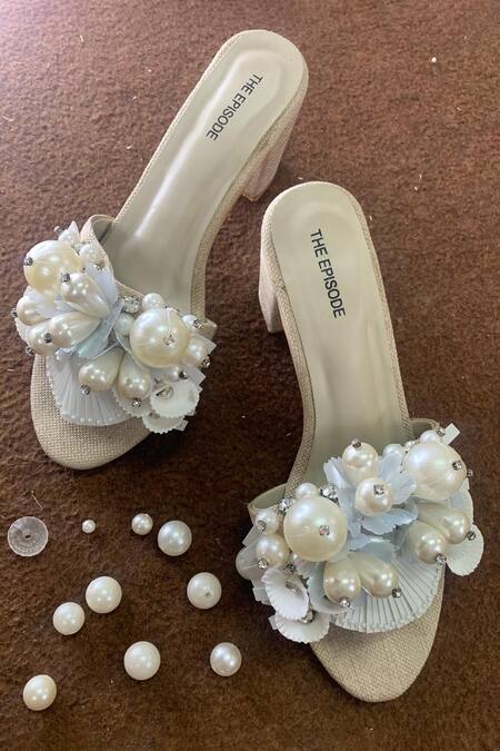 The Episode_Cream Stones, Pearls Heart Jute Heels _Online_at_Aza_Fashions
