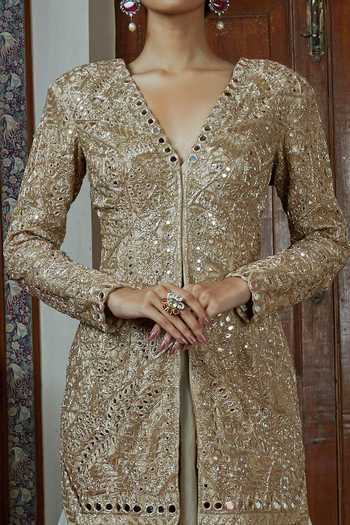 Shop_Arpita Mehta_Gold Embroidered Jacket And Sharara Set _Online_at_Aza_Fashions