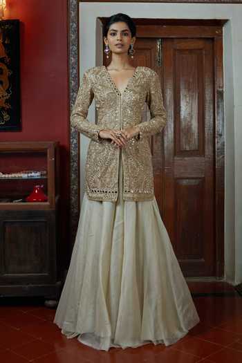 Arpita Mehta_Gold Embroidered Jacket And Sharara Set _at_Aza_Fashions