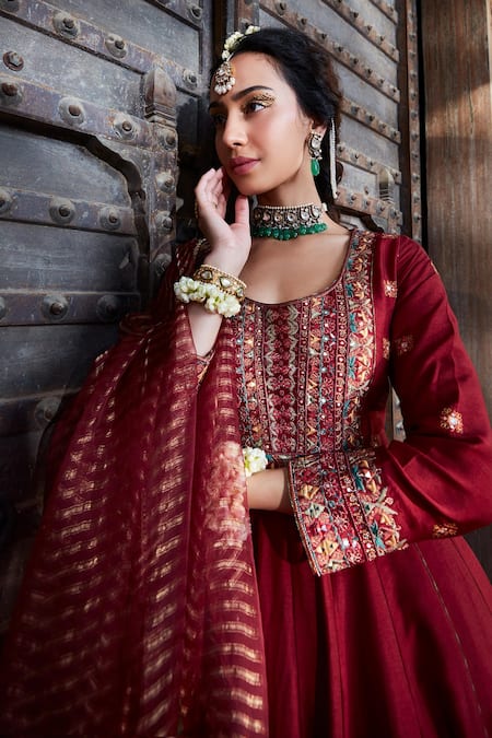 Shop_Kritika Dawar_Maroon Silk, Tissue Tassels, Mirrors, Embroidery Scoop Neck Anarkali Set _Online_at_Aza_Fashions
