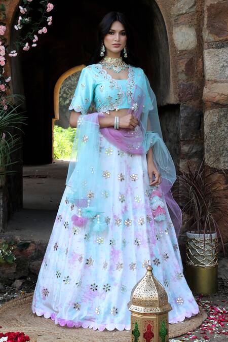 Buy_Nitisha Kashyap Official_Purple Net, Silk Beads, Cut Work, Mirrors Scoop Neck Embroidered Lehenga Set _Online_at_Aza_Fashions