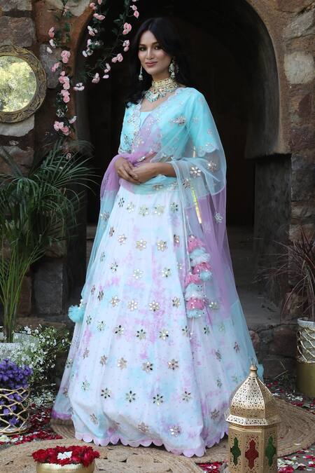 Shop_Nitisha Kashyap Official_Purple Net, Silk Beads, Cut Work, Mirrors Scoop Neck Embroidered Lehenga Set _Online_at_Aza_Fashions