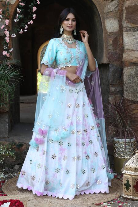 Nitisha Kashyap Official_Purple Net, Silk Beads, Cut Work, Mirrors Scoop Neck Embroidered Lehenga Set _at_Aza_Fashions