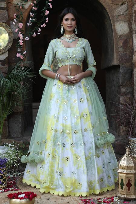 Nitisha Kashyap Official Green Net, Silk Beads, Mirrors, Zari, Cut Work Tie And Dye Embroidered Lehenga Set Online at Aza Fashions Nitisha Kashyap Official_Green Net, Silk Beads, Mirrors, Zari, Cut Work Tie And Dye Embroidered Lehenga Set _Online_at_Aza_Fashions