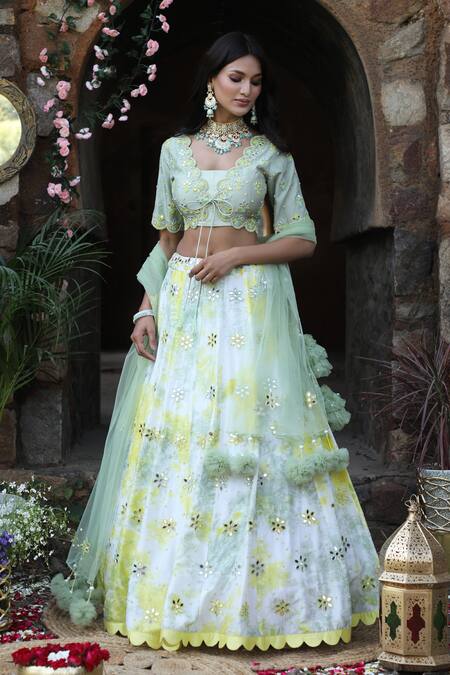 Buy_Nitisha Kashyap Official_Green Net, Silk Beads, Mirrors, Zari, Cut Work Tie And Dye Embroidered Lehenga Set _Online_at_Aza_Fashions