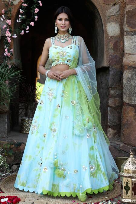 Nitisha Kashyap Official_Blue Silk, Net Beads, Sequins, Mirrors Floral Embroidered Uppada Lehenga Set _Online_at_Aza_Fashions