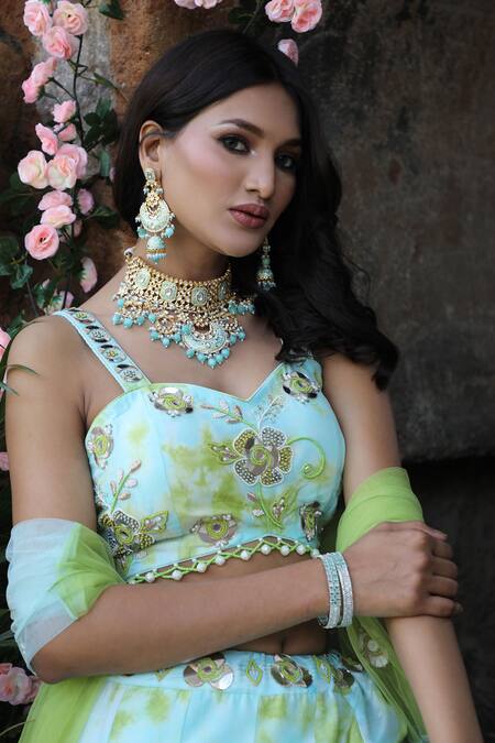 Nitisha Kashyap Official_Blue Silk, Net Beads, Sequins, Mirrors Floral Embroidered Uppada Lehenga Set _at_Aza_Fashions