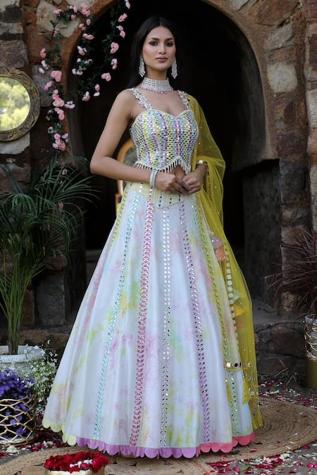 Nitisha Kashyap Official_Multi Color Net, Silk Mirrors, Embroidery Sweetheart Tie And Dye Lehenga Set _Online_at_Aza_Fashions