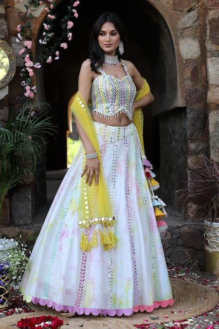 Buy_Nitisha Kashyap Official_Multi Color Net, Silk Mirrors, Embroidery Sweetheart Tie And Dye Lehenga Set _Online_at_Aza_Fashions