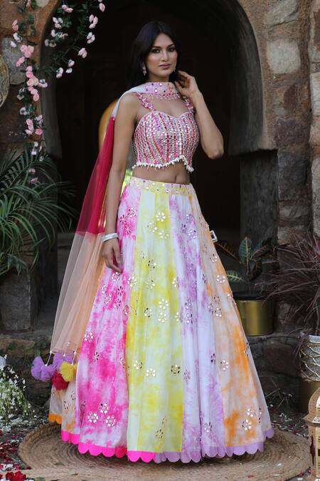 Nitisha Kashyap Official_Multi Color Net, Silk Tassels, Mirrors, Embroidery Tie And Dye Lehenga Set _Online_at_Aza_Fashions