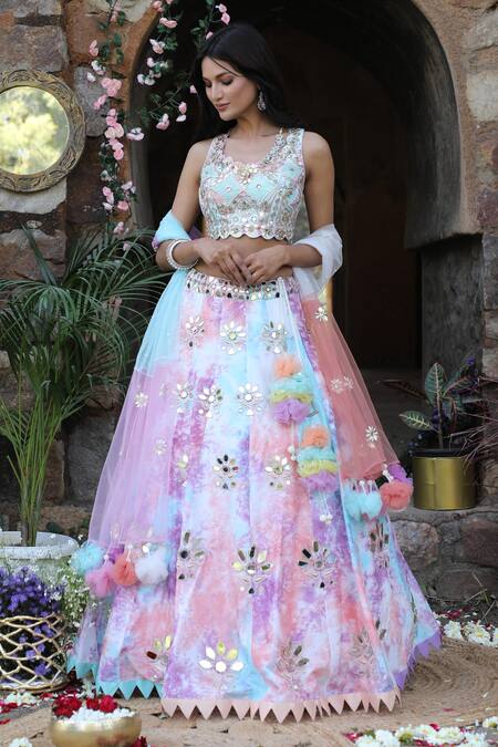 Nitisha Kashyap Official_Multi Color Net, Silk Sequins, Beads, Mirror Embroidered Tie And Dye Lehenga Set _Online_at_Aza_Fashions