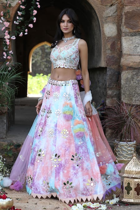 Buy_Nitisha Kashyap Official_Multi Color Net, Silk Sequins, Beads, Mirror Embroidered Tie And Dye Lehenga Set _Online_at_Aza_Fashions