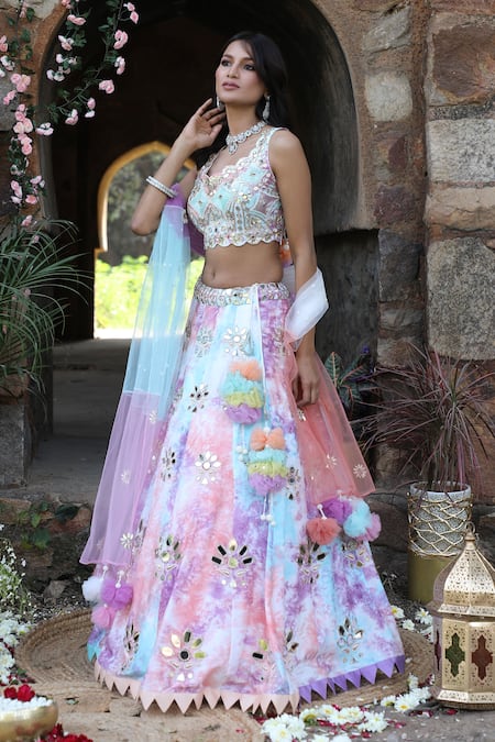 Shop_Nitisha Kashyap Official_Multi Color Net, Silk Sequins, Beads, Mirror Embroidered Tie And Dye Lehenga Set _Online_at_Aza_Fashions