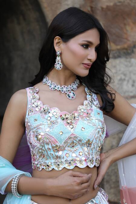 Nitisha Kashyap Official_Multi Color Net, Silk Sequins, Beads, Mirror Embroidered Tie And Dye Lehenga Set _at_Aza_Fashions