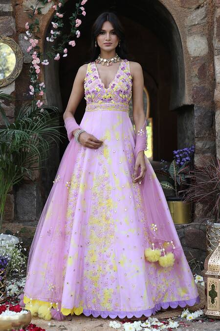 Nitisha Kashyap Official_Purple Net, Silk Cut Work, Zari, Embroidery, Tie And Dye Anarkali With Dupatta _Online_at_Aza_Fashions