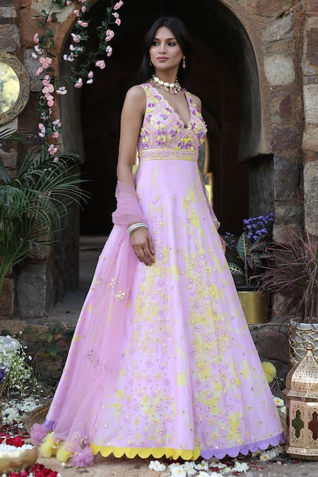 Buy_Nitisha Kashyap Official_Purple Net, Silk Cut Work, Zari, Embroidery, Tie And Dye Anarkali With Dupatta _Online_at_Aza_Fashions