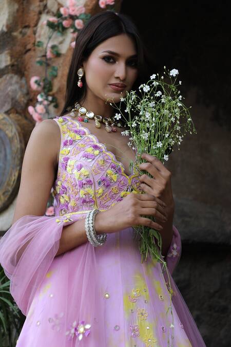 Shop_Nitisha Kashyap Official_Purple Net, Silk Cut Work, Zari, Embroidery, Tie And Dye Anarkali With Dupatta _Online_at_Aza_Fashions