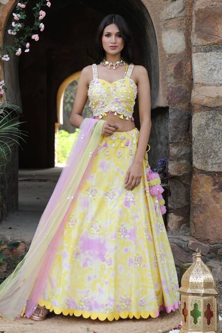 Buy_Nitisha Kashyap Official_Yellow Silk, Net Sequins, Cut Work, Mirrors, Scallop Hem Embroidered Lehenga Set _Online_at_Aza_Fashions