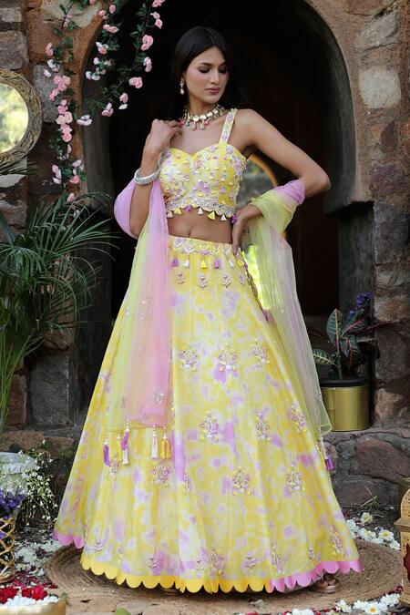 Shop_Nitisha Kashyap Official_Yellow Silk, Net Sequins, Cut Work, Mirrors, Scallop Hem Embroidered Lehenga Set _Online_at_Aza_Fashions