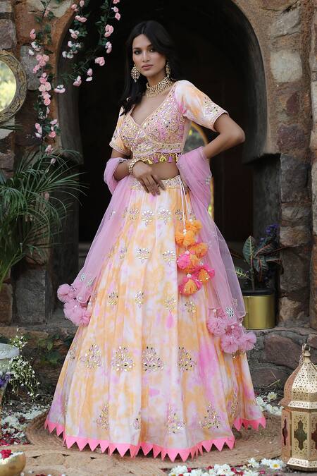Buy_Nitisha Kashyap Official_Pink Net, Silk Sequins, Beads Asymmetric Tie And Dye Embroidered Lehenga Set _Online_at_Aza_Fashions