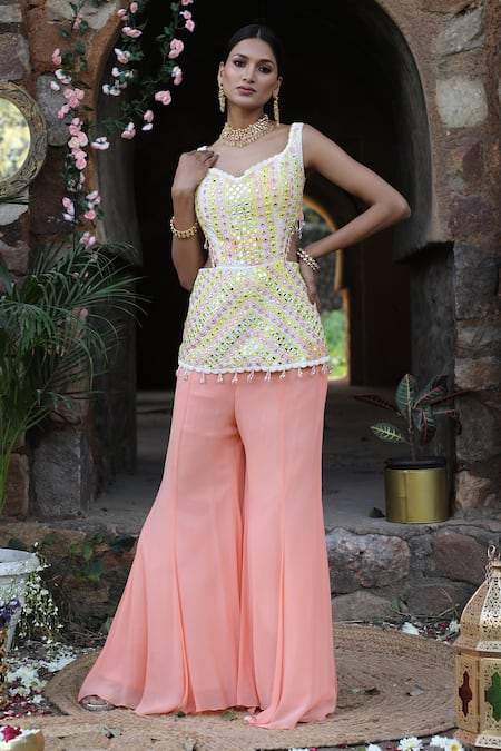 Buy_Nitisha Kashyap Official_Peach Georgette, Silk Tassels, Embroidery, Short Kurta And Sharara Pant Set _Online_at_Aza_Fashions