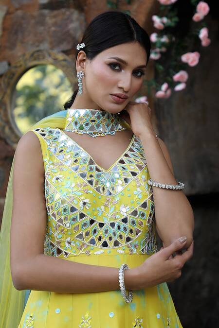 Shop_Nitisha Kashyap Official_Yellow Net Beads, Cut Work, Mirrors, Tie And Dye Anarkali With Dupatta _Online_at_Aza_Fashions