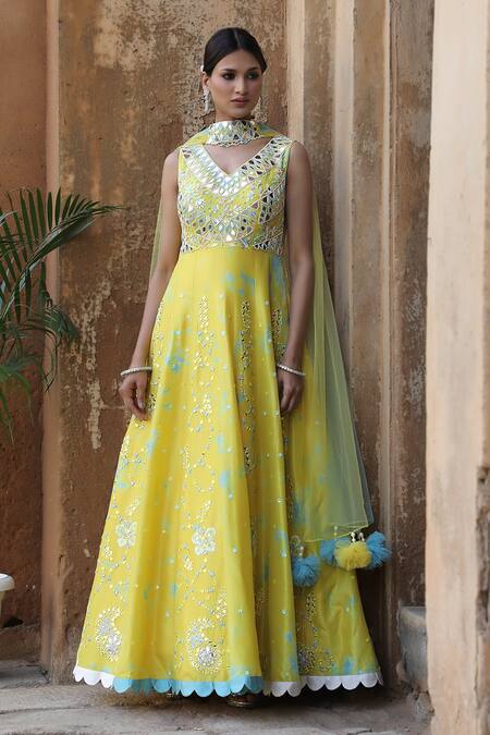 Buy Nitisha Kashyap Official Yellow Net Beads, Cut Work, Mirrors, Tie And Dye Anarkali With Dupatta Buy_Nitisha Kashyap Official_Yellow Net Beads, Cut Work, Mirrors, Tie And Dye Anarkali With Dupatta