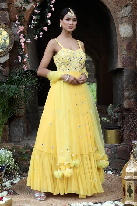 Nitisha Kashyap Official_Yellow Georgette, Net, Silk Mirrors, Embroidered Tiered Anarkali With Dupatta _Online_at_Aza_Fashions