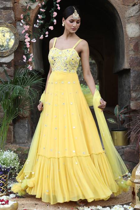 Buy_Nitisha Kashyap Official_Yellow Georgette, Net, Silk Mirrors, Embroidered Tiered Anarkali With Dupatta _Online_at_Aza_Fashions