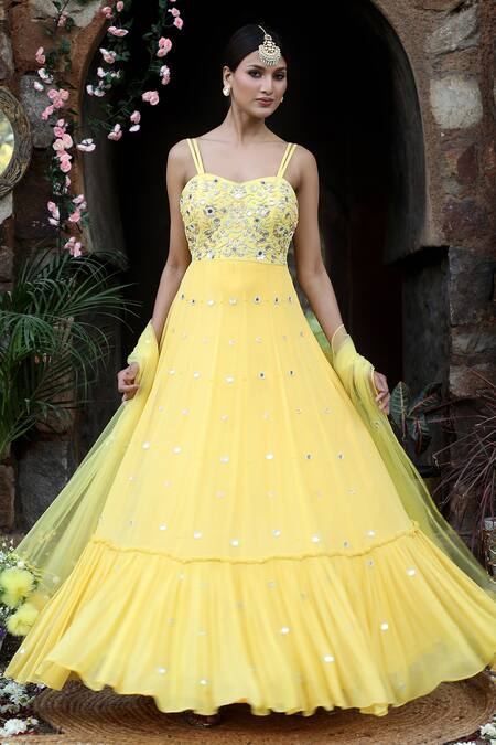 Shop_Nitisha Kashyap Official_Yellow Georgette, Net, Silk Mirrors, Embroidered Tiered Anarkali With Dupatta _Online_at_Aza_Fashions