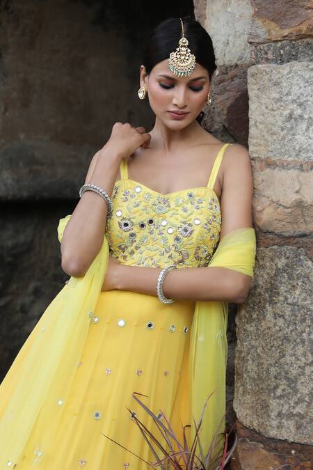 Nitisha Kashyap Official_Yellow Georgette, Net, Silk Mirrors, Embroidered Tiered Anarkali With Dupatta _at_Aza_Fashions