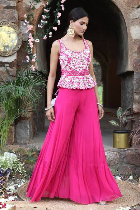 Nitisha Kashyap Official_Fuchsia Georgette, Silk Floral Embroidered Peplum Top And Sharara Pant Set _Online_at_Aza_Fashions