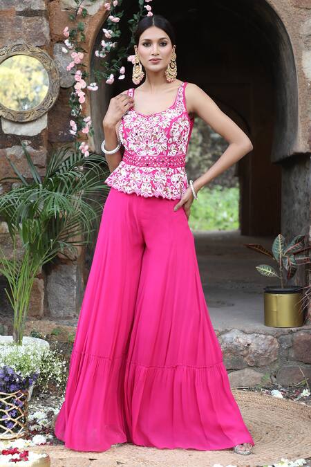 Buy_Nitisha Kashyap Official_Fuchsia Georgette, Silk Floral Embroidered Peplum Top And Sharara Pant Set _Online_at_Aza_Fashions