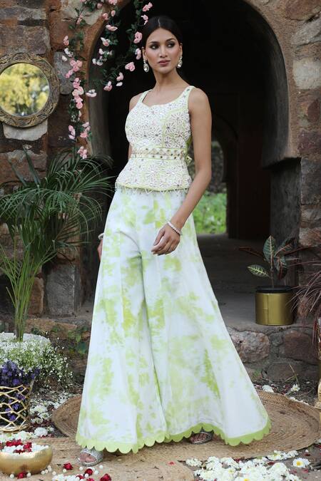 Buy_Nitisha Kashyap Official_Off White Silk Beads, Zari, Embroidery, Mirrors Peplum Top And Sharara Pant Set _Online_at_Aza_Fashions