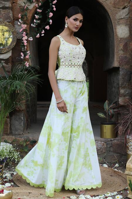 Shop_Nitisha Kashyap Official_Off White Silk Beads, Zari, Embroidery, Mirrors Peplum Top And Sharara Pant Set _Online_at_Aza_Fashions