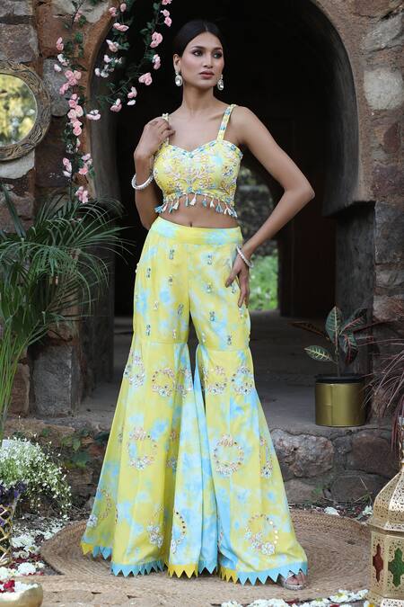 Buy_Nitisha Kashyap Official_Yellow Silk Mirrors, Beads, Embroidery, Floral Bustier And Gharara Pant Set _Online_at_Aza_Fashions