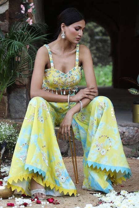 Nitisha Kashyap Official_Yellow Silk Mirrors, Beads, Embroidery, Floral Bustier And Gharara Pant Set _at_Aza_Fashions