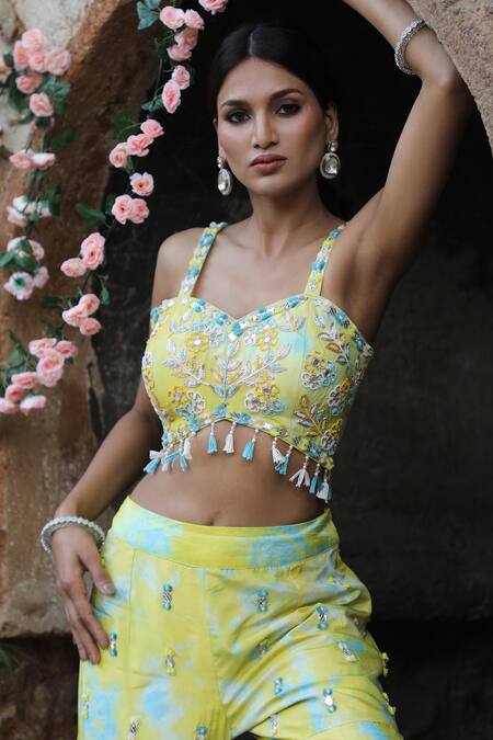 Buy_Nitisha Kashyap Official_Yellow Silk Mirrors, Beads, Embroidery, Floral Bustier And Gharara Pant Set 