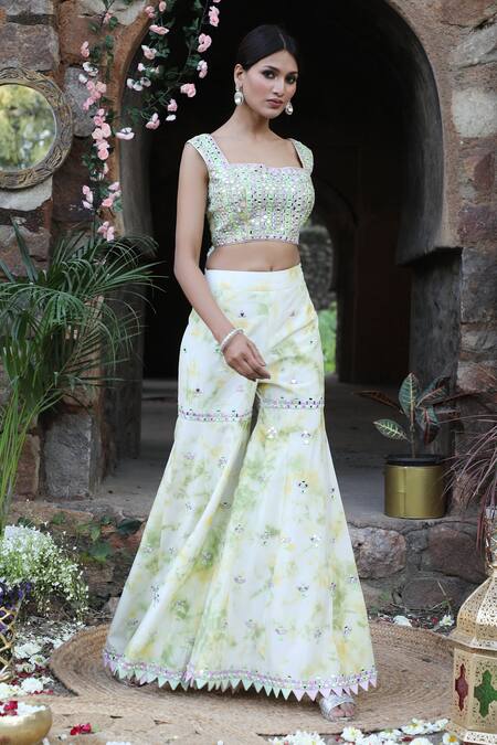 Buy_Nitisha Kashyap Official_Multi Color Silk Embroidery, Mirrors Geometric Bustier And Gharara Pant Set _Online_at_Aza_Fashions