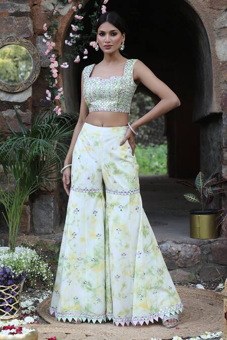 Shop_Nitisha Kashyap Official_Multi Color Silk Embroidery, Mirrors Geometric Bustier And Gharara Pant Set _Online_at_Aza_Fashions