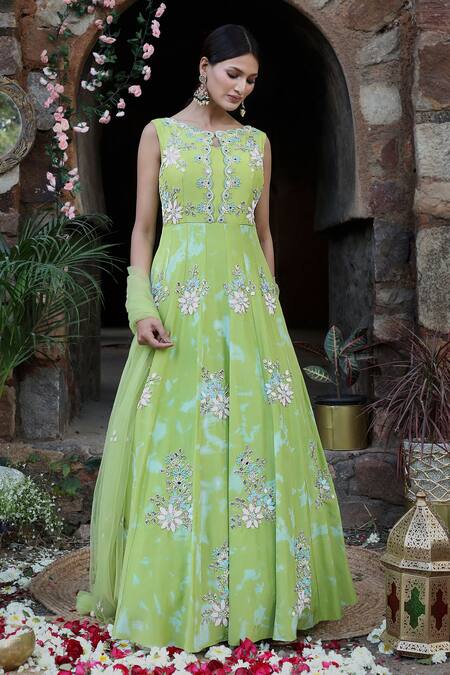 Nitisha Kashyap Official_Green Net, Silk Beads, Cut Work, Tie And Dye Embroidered Anarkali With Dupatta _Online_at_Aza_Fashions