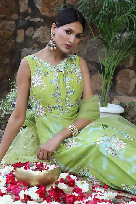 Nitisha Kashyap Official_Green Net, Silk Beads, Cut Work, Tie And Dye Embroidered Anarkali With Dupatta _at_Aza_Fashions