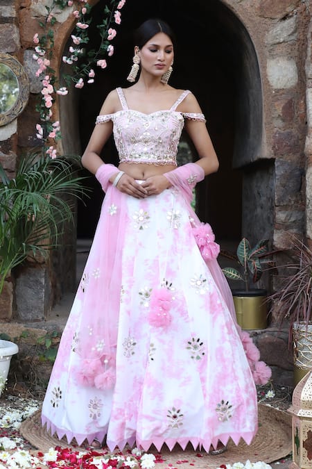 Nitisha Kashyap Official_Off White Net, Silk Beads, Sequins, Mirror Embroidered Uppada Lehenga Set _Online_at_Aza_Fashions