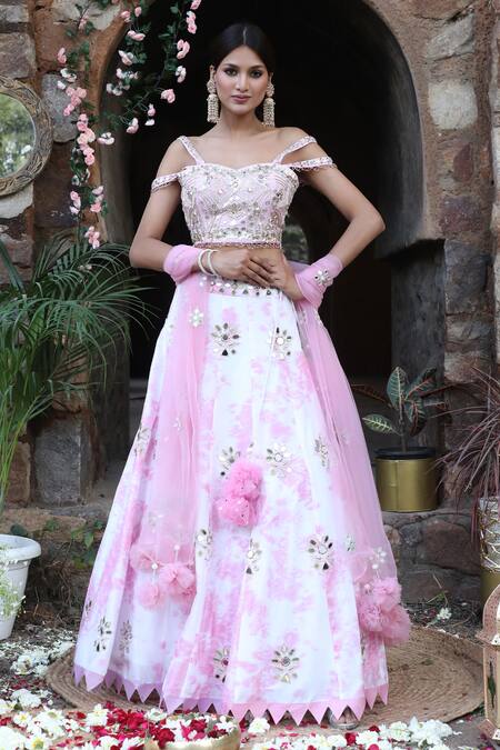 Buy_Nitisha Kashyap Official_Off White Net, Silk Beads, Sequins, Mirror Embroidered Uppada Lehenga Set _Online_at_Aza_Fashions