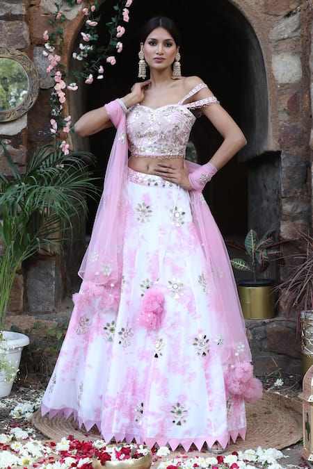 Shop_Nitisha Kashyap Official_Off White Net, Silk Beads, Sequins, Mirror Embroidered Uppada Lehenga Set _Online_at_Aza_Fashions