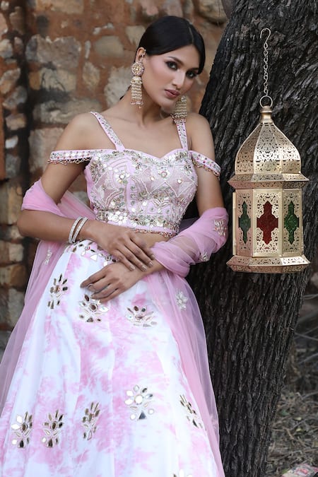 Nitisha Kashyap Official_Off White Net, Silk Beads, Sequins, Mirror Embroidered Uppada Lehenga Set _at_Aza_Fashions