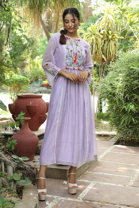 Desert Shine By Sulochana Jangir_Purple Handloom Cotton Tassels Split Embroidered Handwoven Chanderi Tunic_Online_at_Aza_Fashions