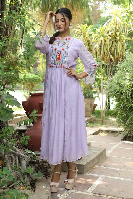 Buy_Desert Shine By Sulochana Jangir_Purple Handloom Cotton Tassels Split Embroidered Handwoven Chanderi Tunic_Online_at_Aza_Fashions